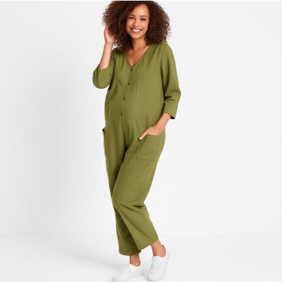 The Nines by Hatch V-Neck Button Up Jumpsuit Small in Olive Green Utility Boho - Picture 1 of 9